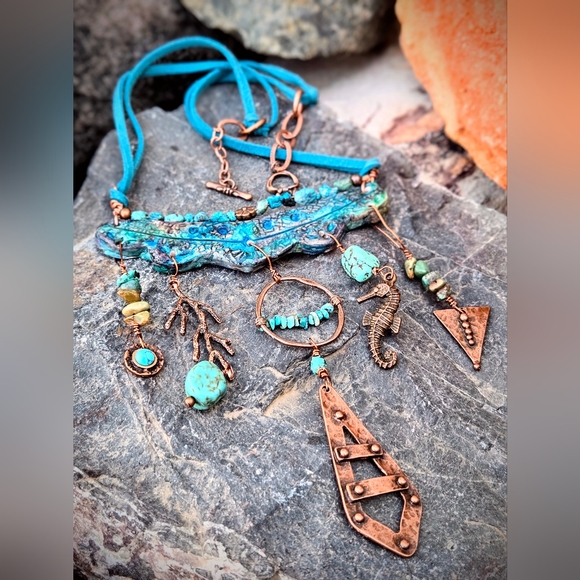Artisan Jewelry - Blue In Earth Assemblage W/ Turquoise In One-of-A-Kind Artisan Copper Necklace